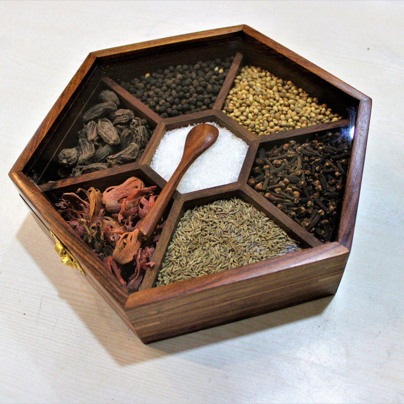 Anayra's Handcrafted Hexagon Shaped Sheesham Wood Spice Box