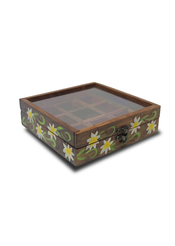 White Daisy Hand-painted Wooden Spice Box With Spoon